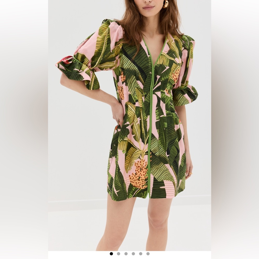 FARM RIO - Tropical Leaf Print Dress in Pink & Green
